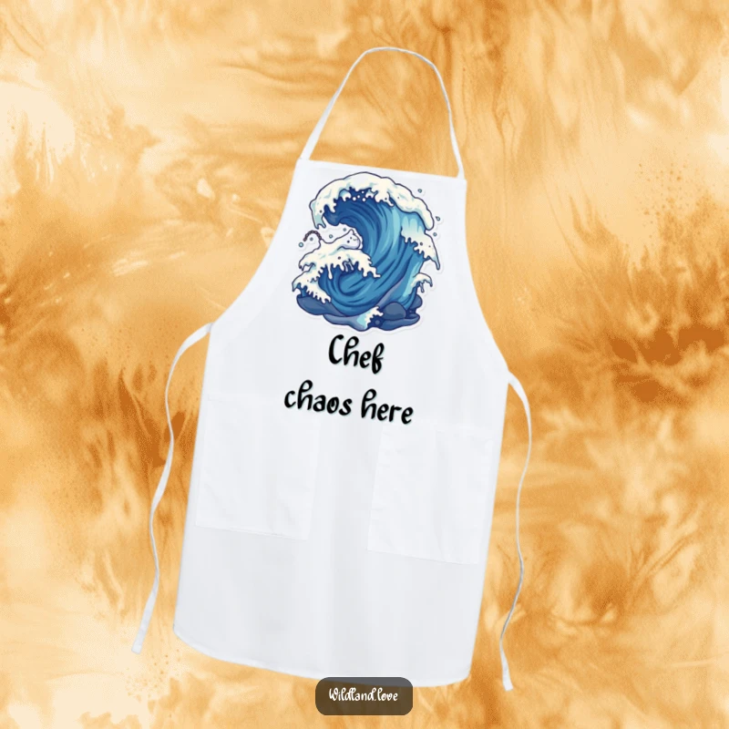 Funny wind and water apron with a distorted depiction of natural forces, ideal for adding humor to kitchen activities.