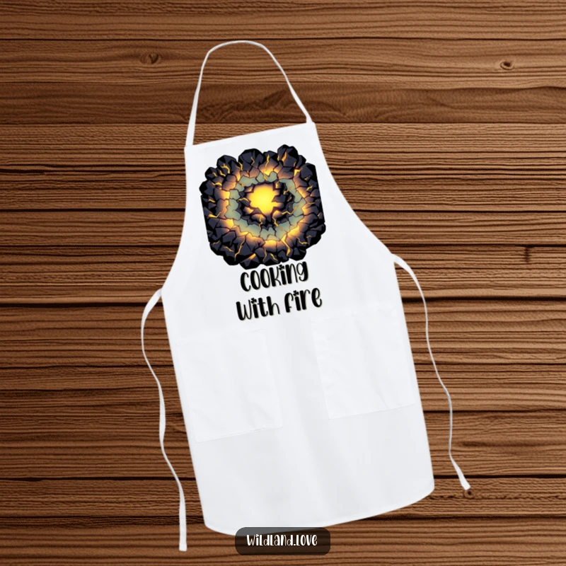 Funny fissure apron with dark cracks glowing with primal light, ideal for adding mysterious humor to kitchen activities.