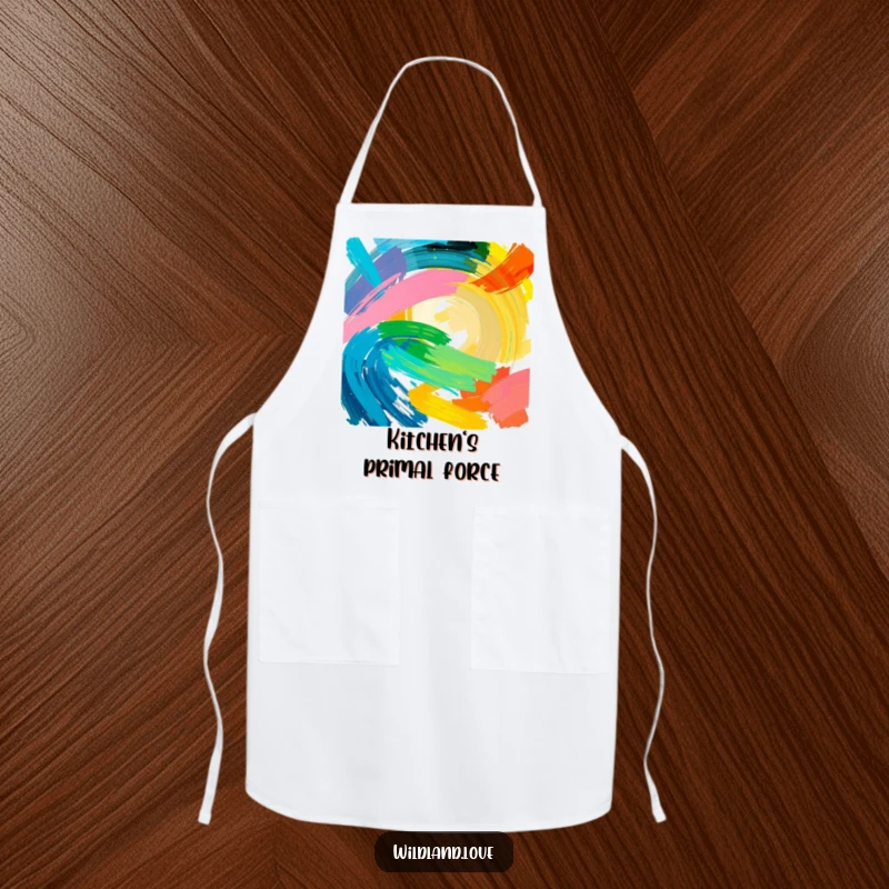 Funny natural energy apron with bold brushstrokes of intense color, symbolizing raw power for a humorous kitchen experience.