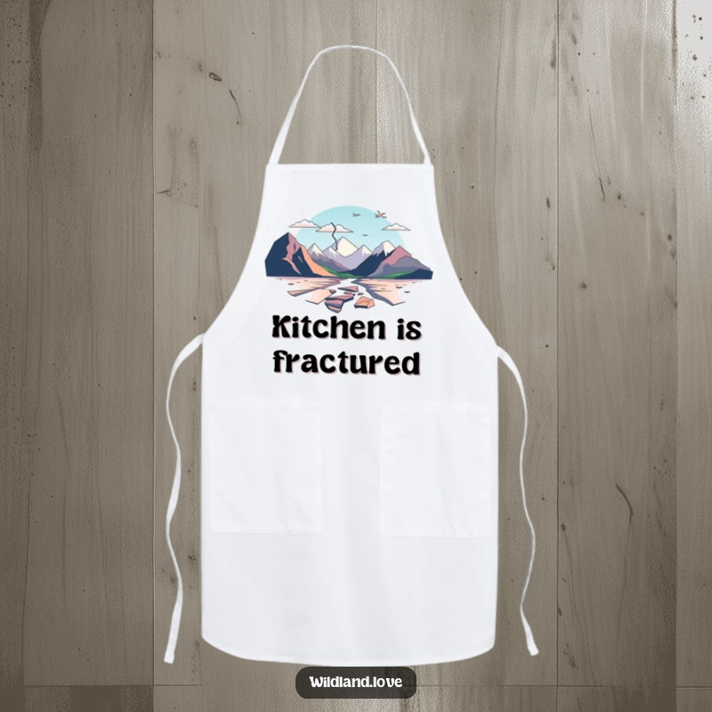 Funny apron featuring minimalist, fractured planes suggesting broken landscapes, adding abstract artistic flair to cooking.