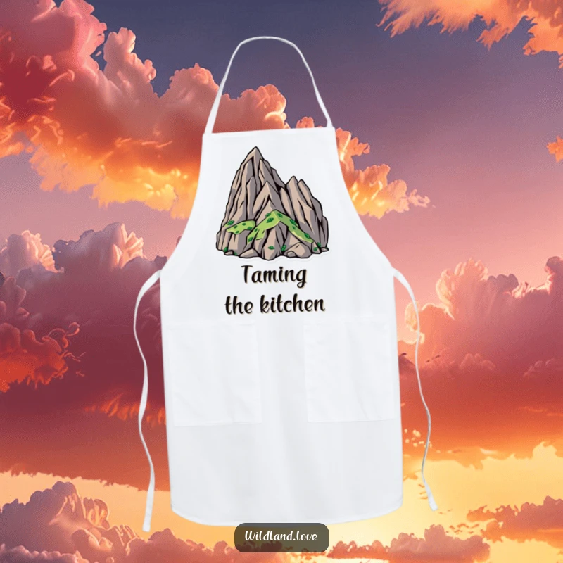 Funny apron showcasing designs of bold, angular shapes representing rugged, untamed wilderness, ideal for cooking adventures.