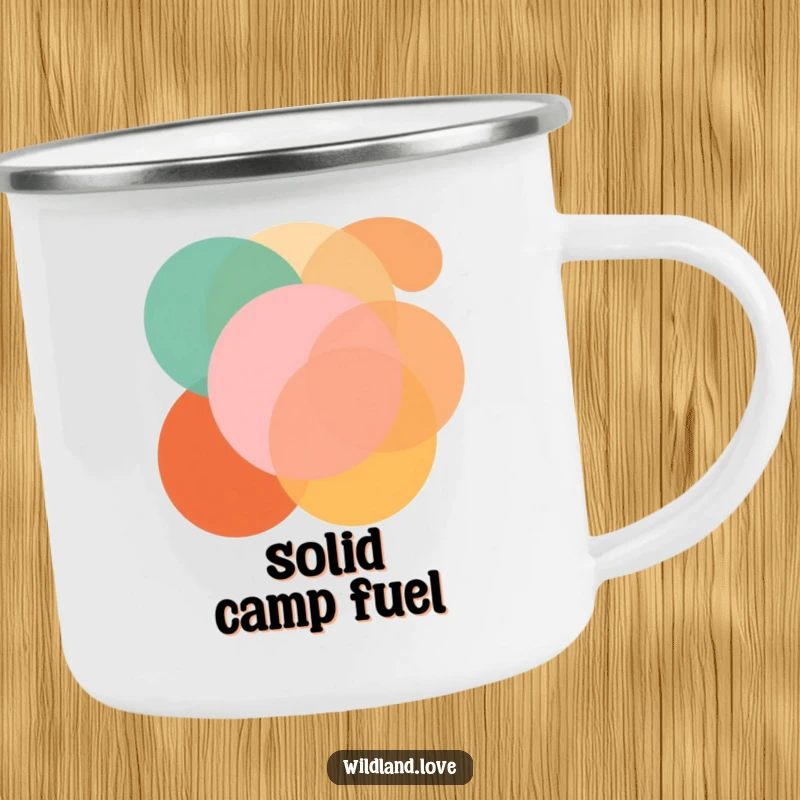 Funny camping mug with bold, overlapping geometric shapes in earthy tones, ideal for stylish outdoor enjoyment.