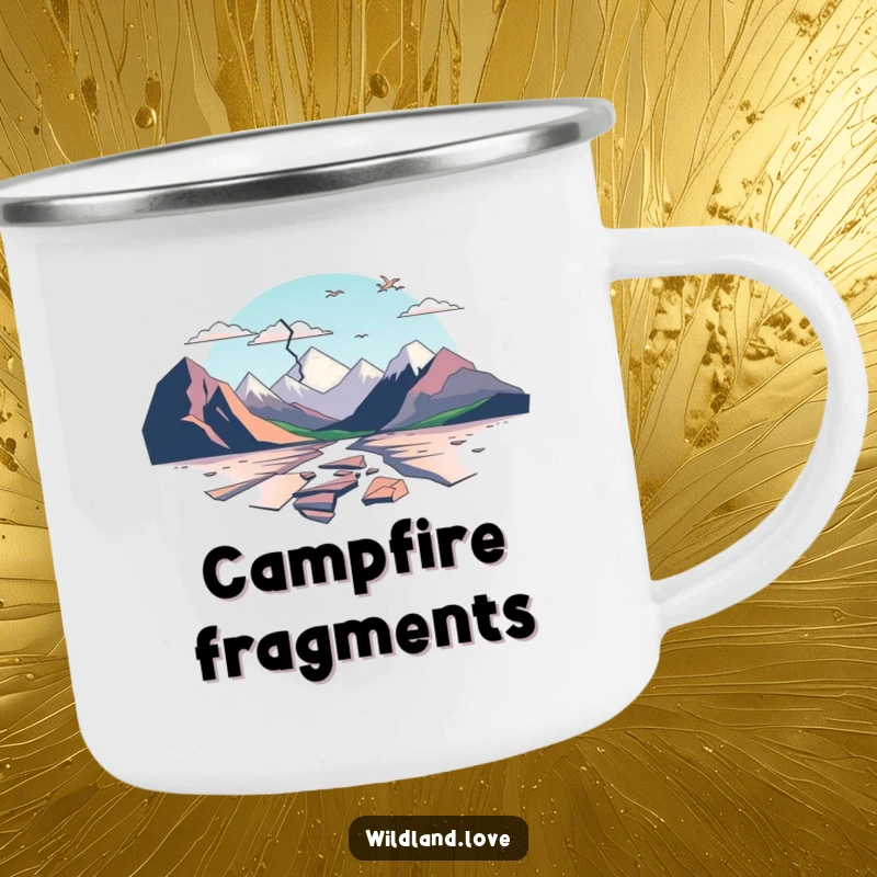 Funny camping mug with minimalist, fractured planes evoking broken landscapes, perfect for enjoying beverages outdoors.
