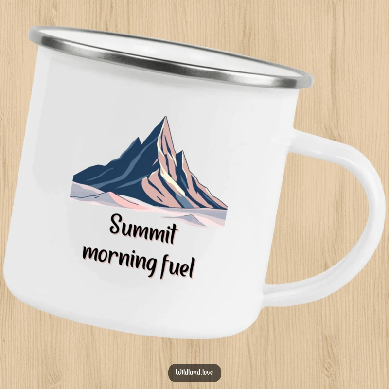 Funny abstract peaks camping mug featuring a stark minimalist landscape, perfect for enjoying hot beverages outdoors with a touch of humor.