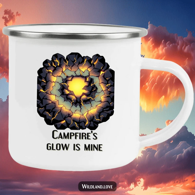 Funny fissure camping mug with dark cracks glowing with primal light, built for adventure and mysterious humor.