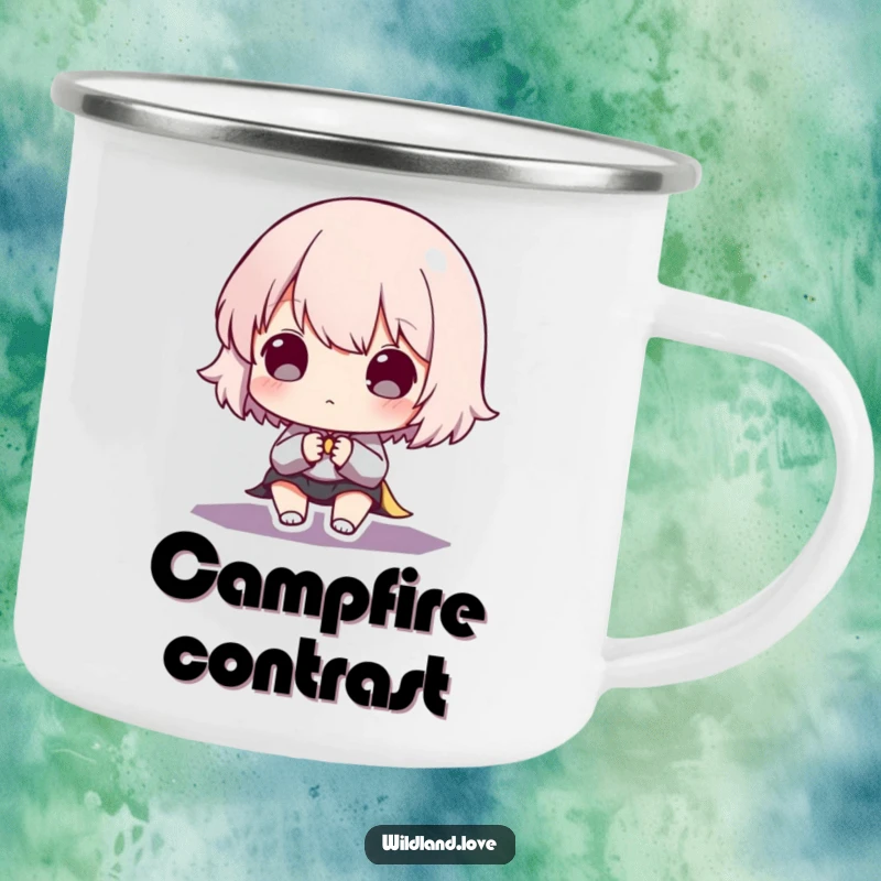 Funny camping mug showcasing a dramatic contrast between deep shadows and sharp, bright illumination, perfect for adventurous brews.