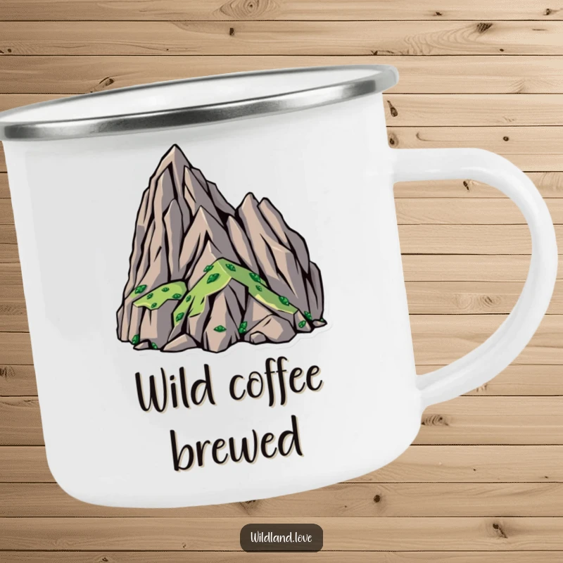 Funny camping mug with bold, angular designs representing rugged, untamed terrain, perfect for outdoor beverage enjoyment.