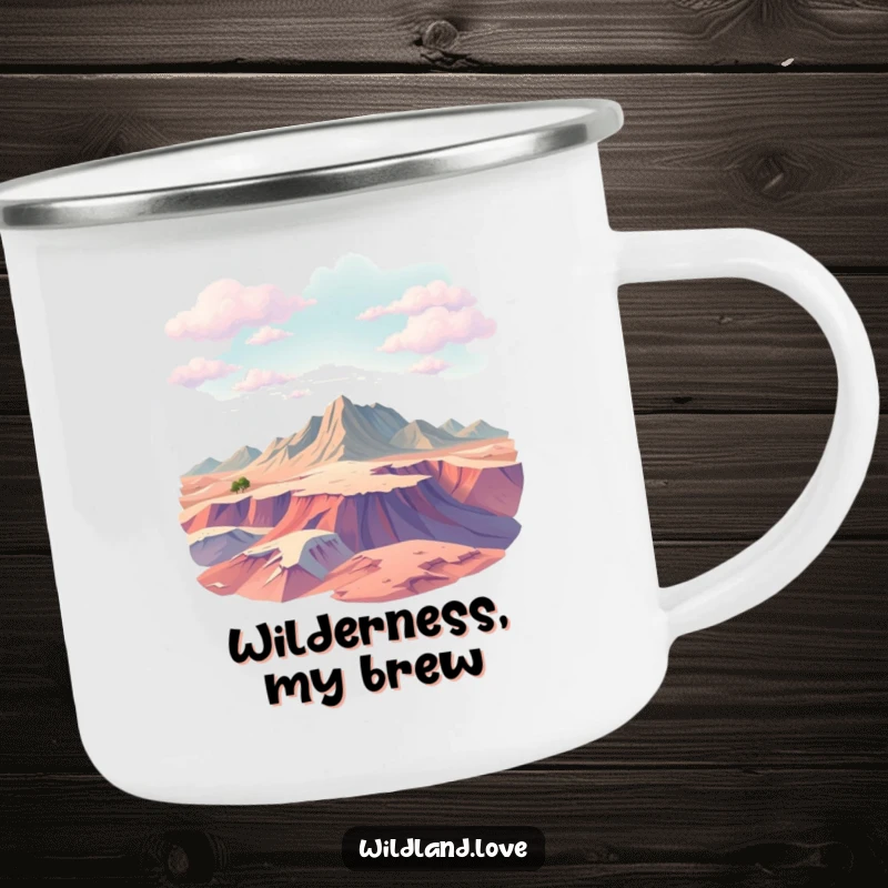 Funny abstract textured planes camping mug evoking vast, untamed terrain, perfect for enjoying beverages in nature with humor.