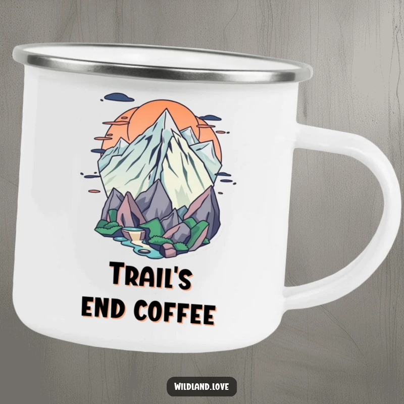 Funny frontier camping mug with dynamic sharp edges and flowing curves, built for adventure and artistic humor.