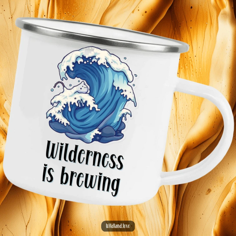 Funny wind and water camping mug with a distorted depiction of natural forces, built for adventure and laughter.