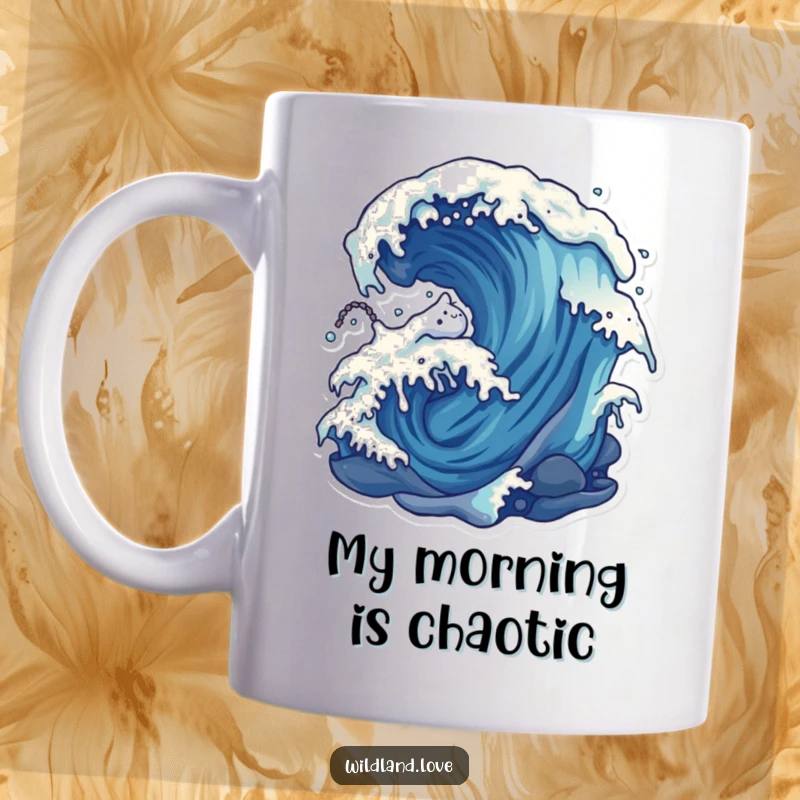 Funny distorted wind and water mug showcasing stylized natural forces, perfect for adding a humorous touch to any kitchen.