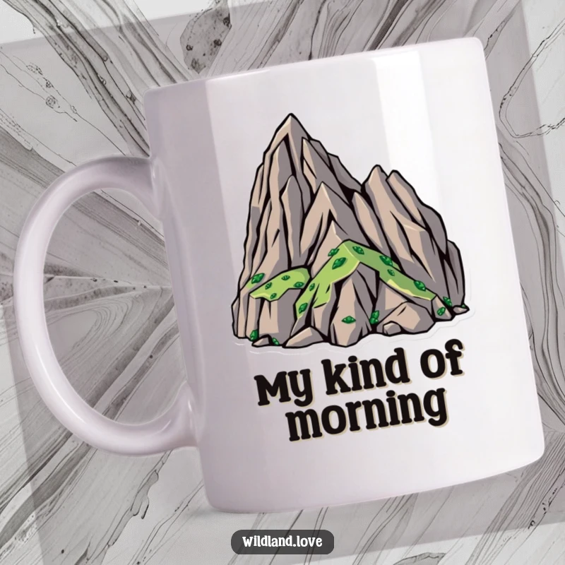 Funny mug showcasing bold, angular shapes that vividly represent rugged, untamed mountain terrain, perfect for adventurers.