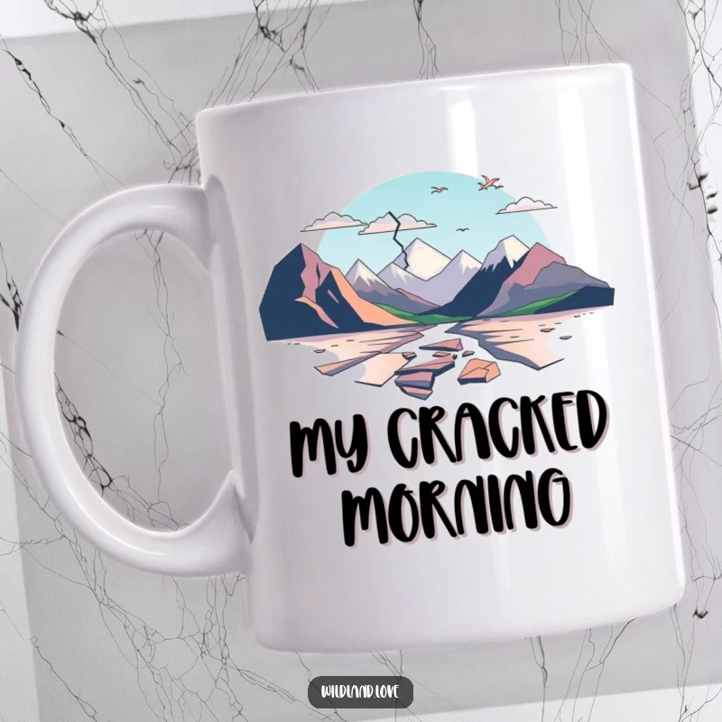 Funny mug with minimalist, fractured planes representing abstract, broken landscapes, evoking a unique artistic style.