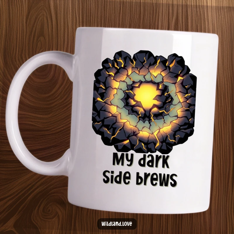 Funny primal light fissure mug depicting dark cracks glowing with internal energy, perfect for adding a mysterious and humorous touch.