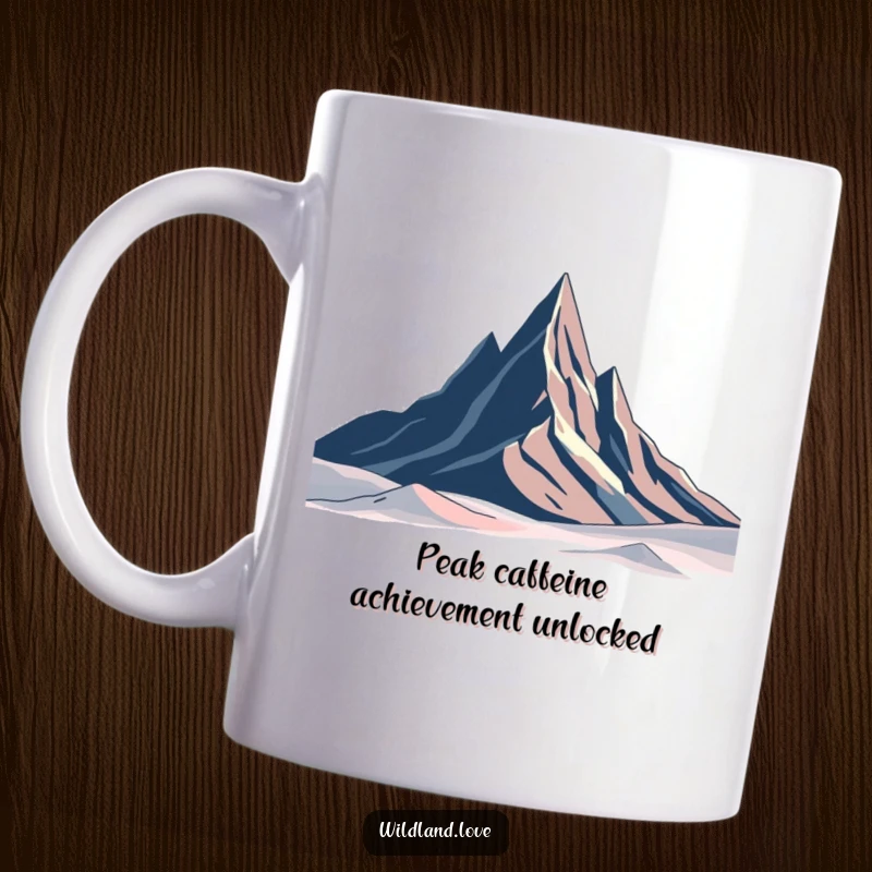 Funny minimalist mug showcasing sharp, abstract mountain peaks in a stark landscape design, evoking a sense of cool adventure.