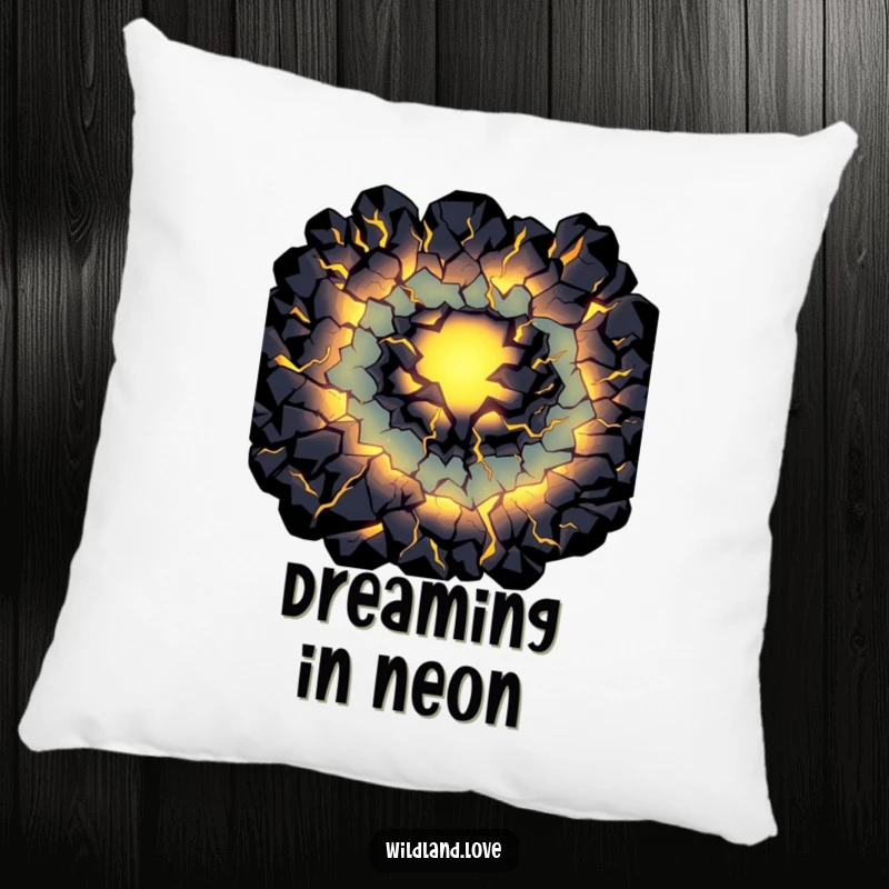 Funny primal light pillow with dark fissures glowing internally, offering a comfortable and mysteriously humorous decorative element.