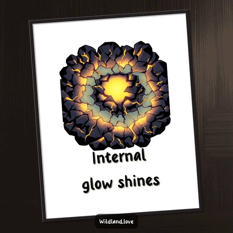 Funny primal light digital art print with dark fissures glowing internally, offering instant mysterious humor.