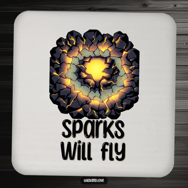 Funny fissure coasters with dark cracks glowing with primal light, perfect for protecting surfaces with mysterious humor.