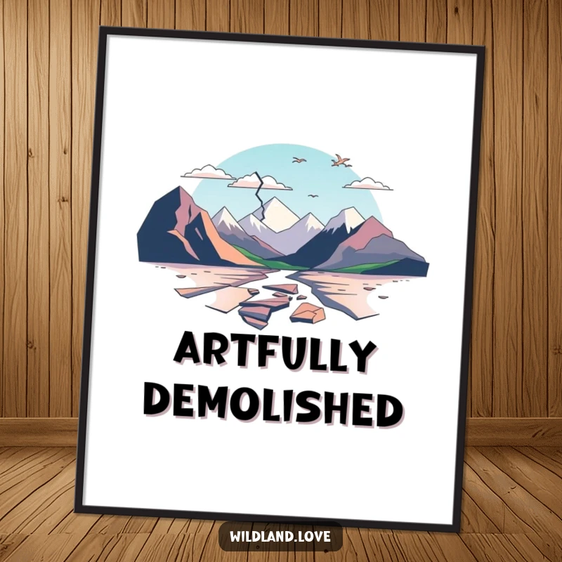 Funny poster art with minimalist, fractured planes that abstractly depict broken landscapes, creating a unique visual statement.