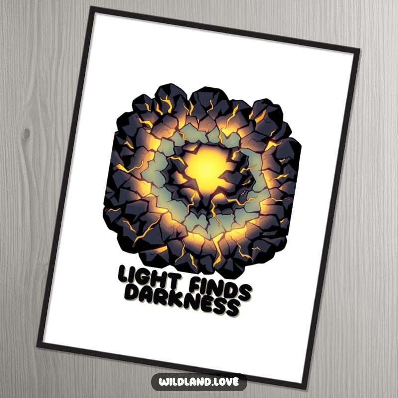 Funny glowing fissure poster depicting dark cracks with internal primal light, designed to bring mystery and humor to walls.