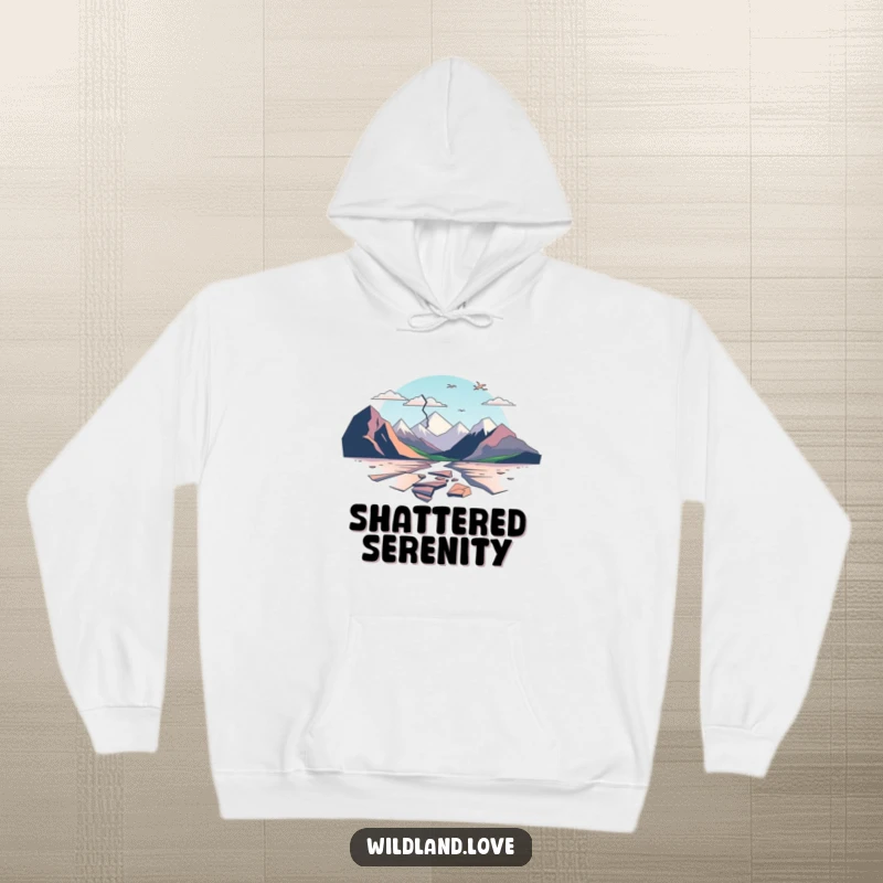 Funny hoodie designed with minimalist, fractured planes that abstractly represent broken landscapes, offering cozy, artistic comfort.