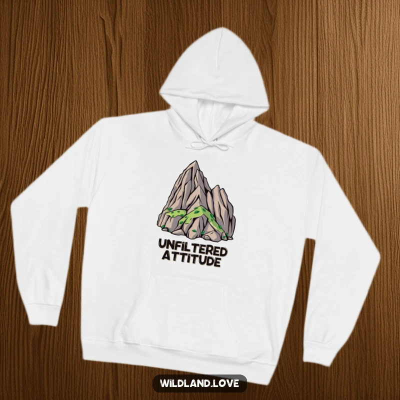 Funny hoodie showcasing bold, angular designs of rugged, untamed terrain, ideal for staying warm during outdoor explorations.
