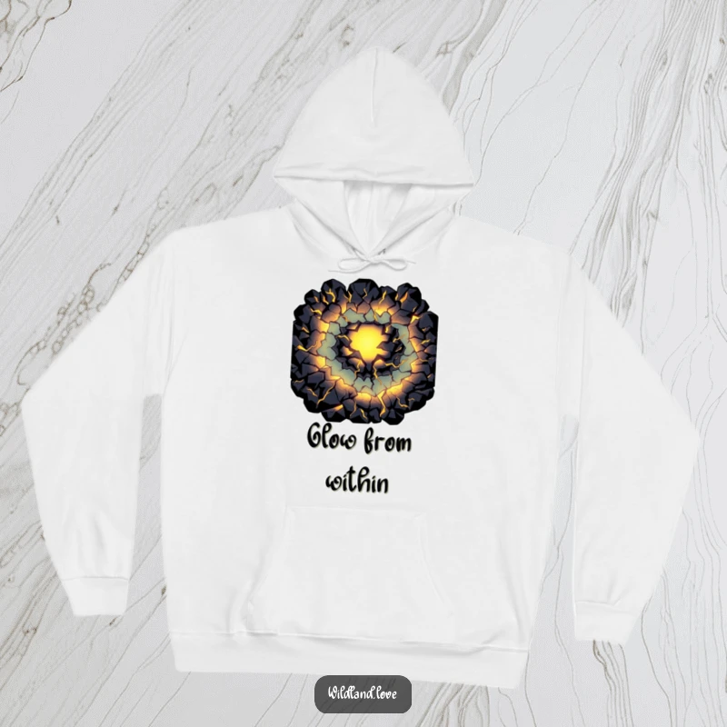 Funny primal light hoodie with dark fissures glowing internally, offering a warm and mysterious way to express artistic humor.