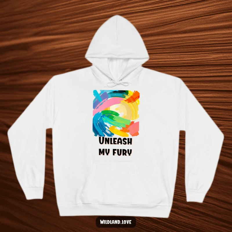 Funny intense color hoodie with bold brushstrokes representing raw, untamed natural energy, offering warmth and artistic flair.