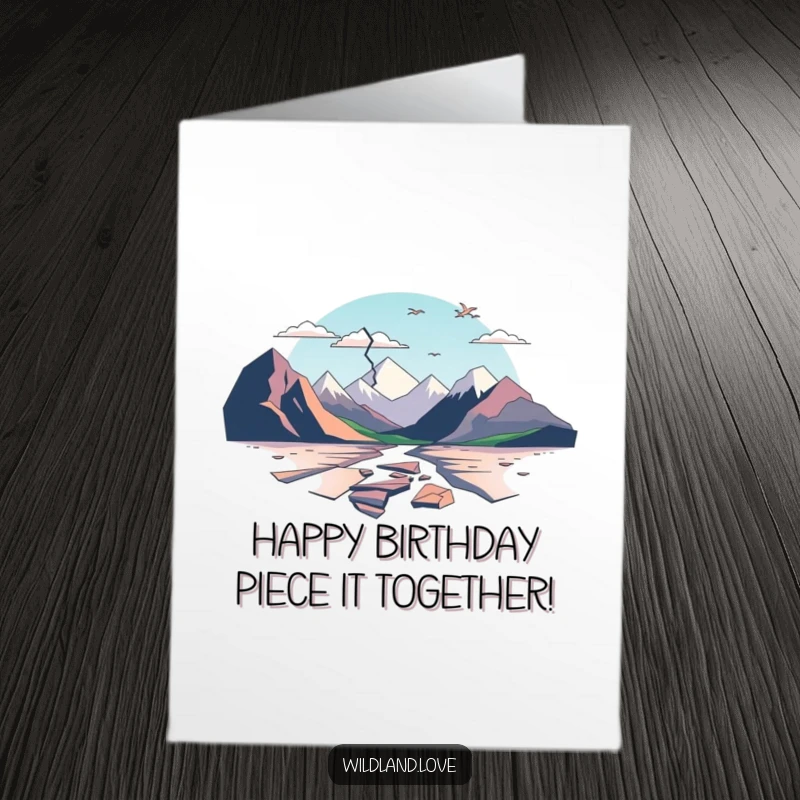 Funny Free Printable Birthday Card featuring minimalist, fractured planes suggesting broken landscapes, symbolizing a joyfully mended celebration.