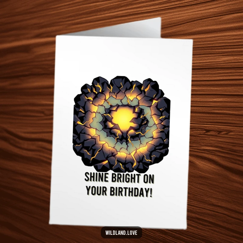 Funny Free Printable Birthday Card featuring dark fissures glowing with internal, primal light, framing a fun birthday message.