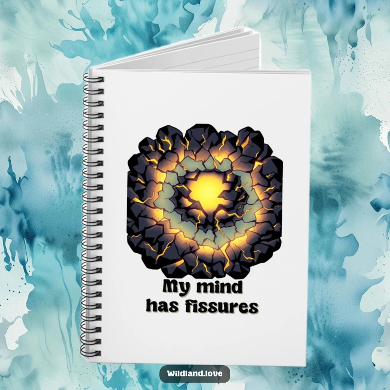 Funny primal light notebook with dark fissures glowing internally, perfect for journaling with a mysterious and humorous artistic touch.