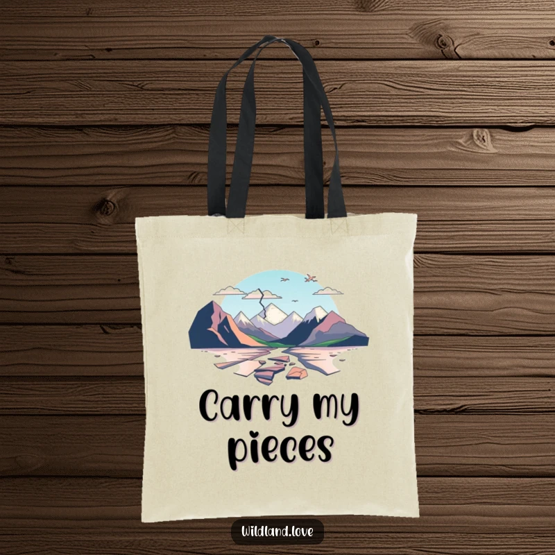 Funny tote bag with minimalist, fractured planes suggesting broken landscapes, perfect for carrying everyday items with artistic flair.