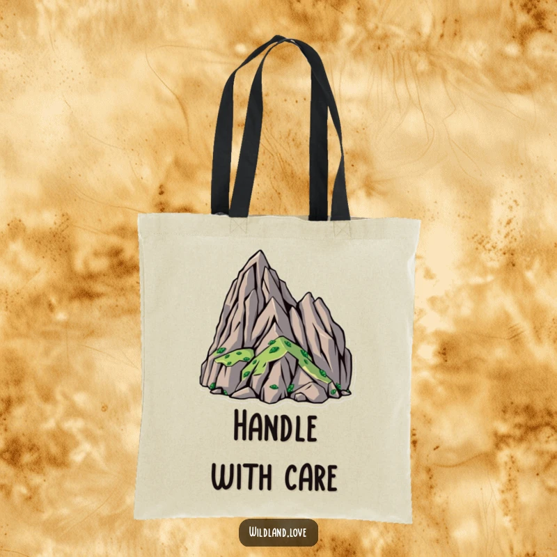 Funny tote bag featuring bold, angular shapes illustrating rugged, untamed wilderness terrain, perfect for carrying adventure essentials.