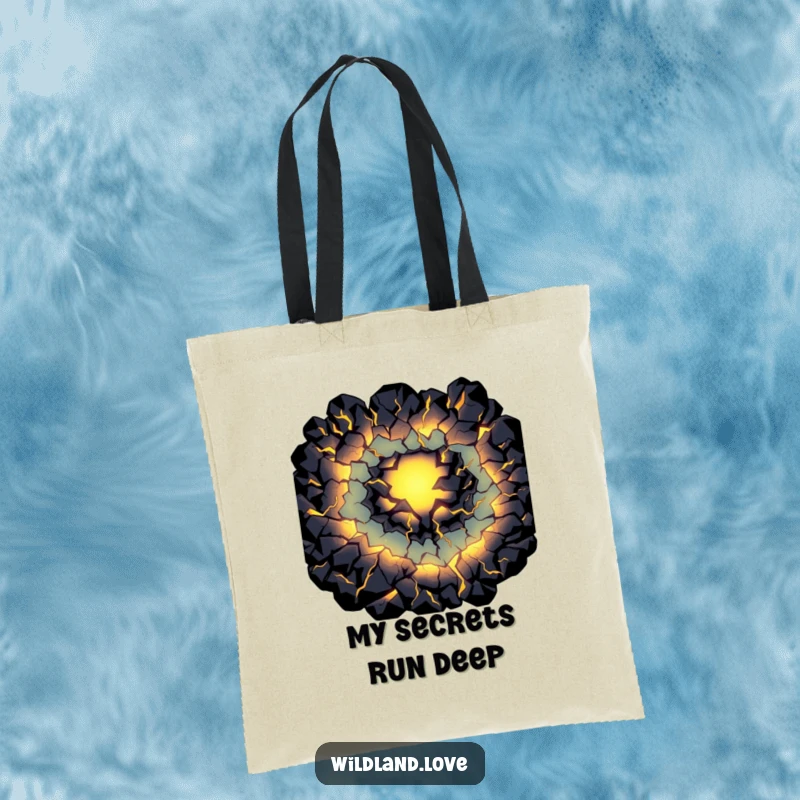 Funny fissure tote bag showcasing dark cracks glowing with primal light, perfect for stylish and humorous everyday use.